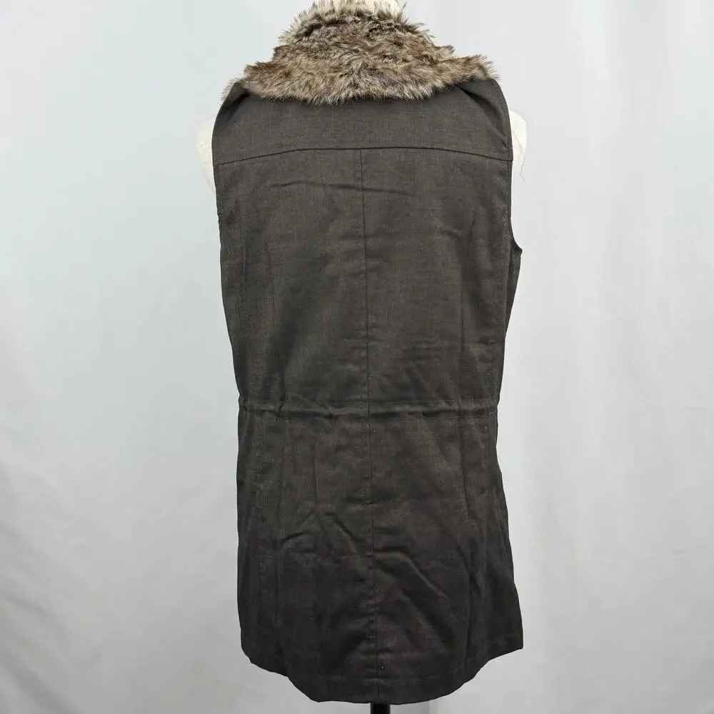 J Jill Faux Fur Collar Vest Womens XS Brown Herringbone Utility Zip Snap Waist